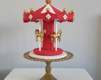 INTERNATIONAL shipping Carousel cake topper faux party prop. Color: red, white, gold