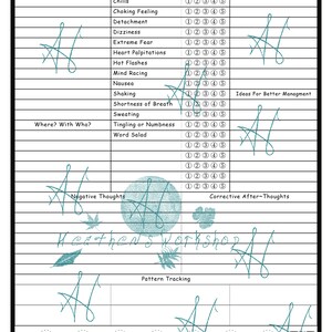 Może przedstawiać: Drukowana karta pracy do śledzenia lęku z skalą nasilenia, objawami, reakcją radzenia sobie i sekcjami śledzenia wzorc&oacute;w. Karta pracy jest wypełniona turkusowymi bazgrołami.