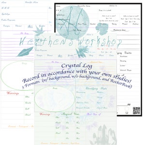 May include: A printable crystal log featuring a blue and green floral design. The log includes sections for recording information about crystals, such as their name, scientific name, native location, identifying traits, magical uses, and best use. The log also includes a section for warnings and a QR code.