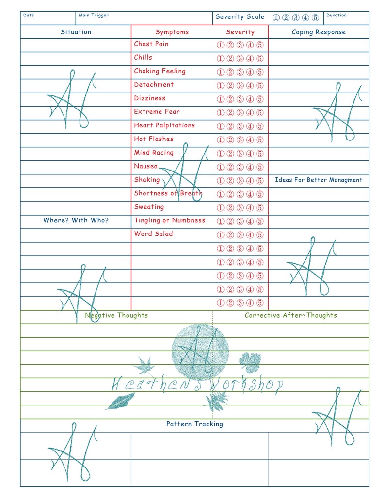 Może przedstawiać: Drukowana karta pracy z siatką do śledzenia objaw&oacute;w, nasilenia i sposob&oacute;w radzenia sobie. Karta pracy nosi tytuł "Heathens Workshop" i zawiera tekst "Pattern Tracking".