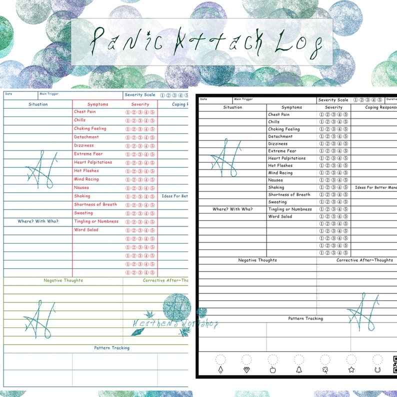 Może przedstawiać: Drukowalny dziennik atak&oacute;w paniki z skalą nasilenia, strategiami radzenia sobie i miejscem na śledzenie negatywnych myśli i korygujących myśli po fakcie. Dziennik zawiera r&oacute;wnież sekcje do rejestrowania objaw&oacute;w, sytuacji i śledzenia wzorc&oacute;w.