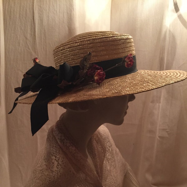 Vintage Inspired Natural Straw Brim Hat ~ Stemmed Roses Model T Car Shows, Easter, Spring/Summer Kentucky Derby