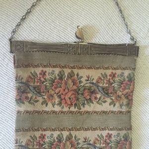 Antique Tapestry Clutch Fold -Over Handbag ~ Circa: 1910 with Chain Handle REDUCED