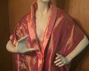 Vintage Silk Embroidered Shawl- Persimmon/Coral Reversible Asian Indian Motif- Generous size REDUCED
