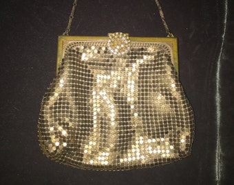 Whiting & Davis 1920's Small Gold Metal Mesh Evening Bag- Rhinestone Clasp-Jewelry Chain REDUCED