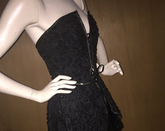 Designer Eavis & Brown of London Black Silk Beaded Long Corset Bustier Dress, Gown, Fitted Tunic, Formal Gown  DAZZLING! REDUCED