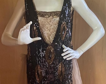 Authentic 1920s Beaded Flapper Dress: Art Deco Couture Gown