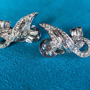 Vintage Mazer Rhinestone Clip On Earrings: 1940s Art Deco Jewelry