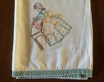 Vintage Kitchen Dish Tea Towel Small Tablecloth Hand Embroiderey Work circa 1930s