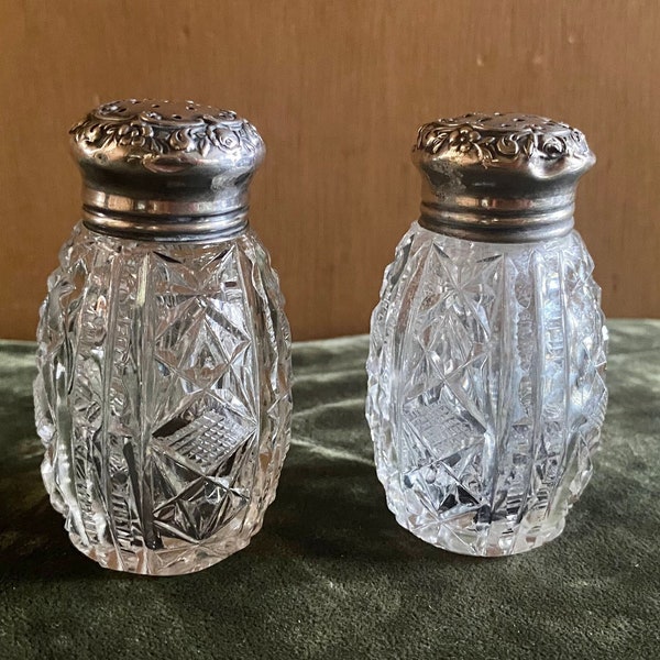 Antique Cut Crystal Art Nouveau Repoussé  Sterling Silver Salt & Pepper Shakers circa 1900