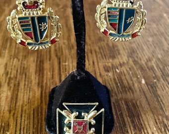 FRENCH CREST Earrings and Pin/Brooch Coat of Arms Vintage 3 Piece Set circa 1960s