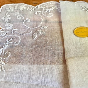 Handmade Embroidered Handkerchief Fine Linen Original Tag New Old Stock Vintage Made in Germany circa 1940s