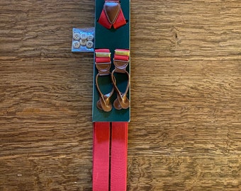 Vintage Red Braces Suspenders: Leather Button Ends, Original Box