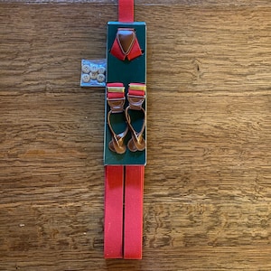 Vintage Braces Suspenders Festive Red Color Leather Hooks Tabs Never Used Original Box Pristine REDUCED