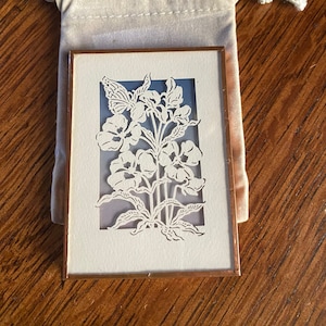 Copper Compact Mirror and Thick Fleece Pouch Miniature Matted Cut Floral Design circa 1960s