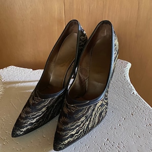 Tapestry Satin and Leather Pump Shoes - Size 9 Narrow - Stiletto Heel