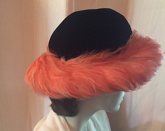 1950’s-60’s Cyrill Mills Vintage Black Velvet Orange Feather Hat REDUCED