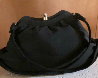 1930s Vintage Evening Bag Black Satin Single Top Handle Excellent Condition