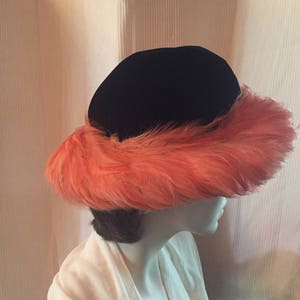 1950’s-60’s Cyrill Mills Vintage Black Velvet Orange Feather Hat REDUCED