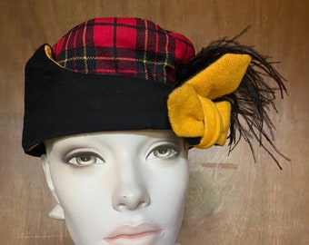 Vintage Red Scottish Plaid Wool Ostrich Feather Hat is FABULOUS!  Unique One of a Kind circa 1940s Size Small REDUCED