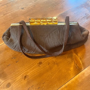 Vintage Corde Handbag Dark Brown Scalloped Design with Amber Color Lucite Clasp circa 1940s