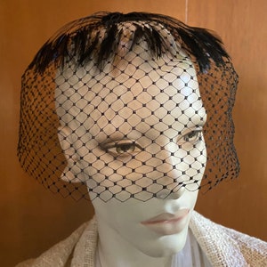 Vintage Birdcage Veil Fascinator with Feathered Crown Full Face Retro Glam circa 1960s