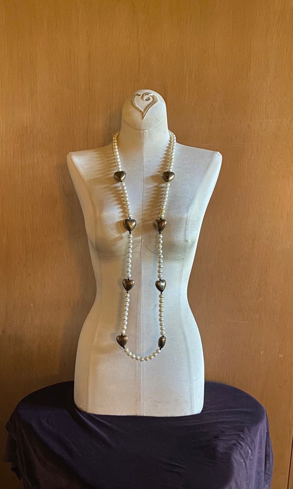 Faux Pearl Necklace Bronze Puffed Hearts and Vinta