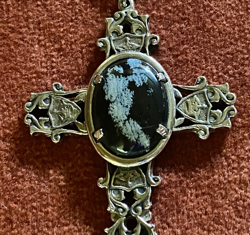 Large Celtic Cross Genuine Stone Snowflake Obsidian Stone Beautifully Engraved Statement Piece Amulet Protection image 6