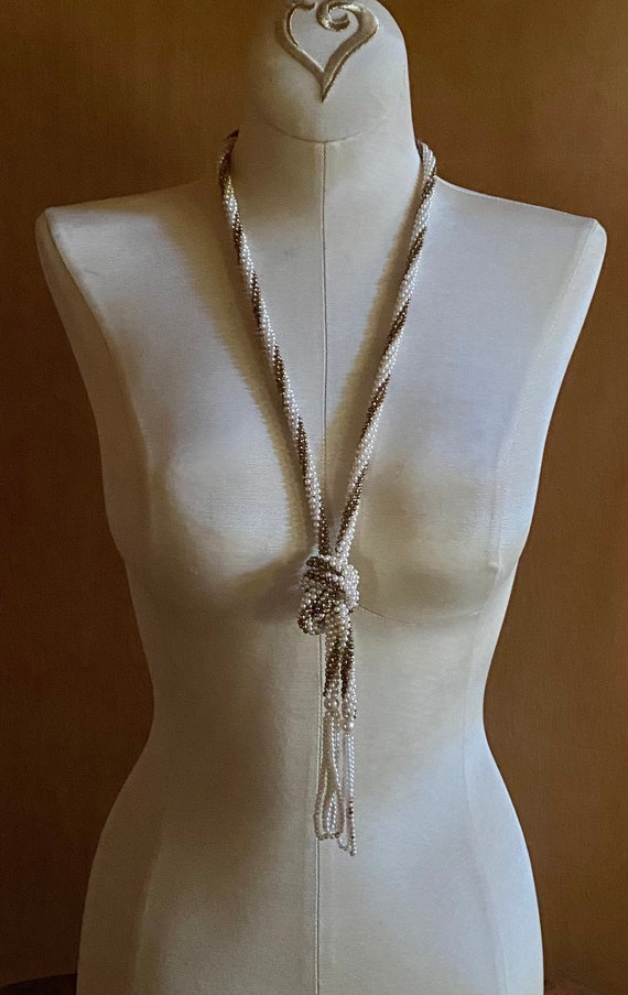 Gold & White Necklace Faux Seed Pearls with Looped