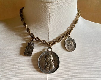 Tribute Choker Necklace with 3 Charms - Coin Replicas Antique Bronze Lightweight Metal Unique