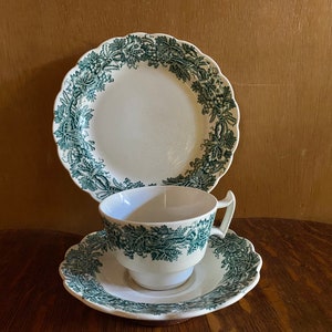 REDUCED! Vintage BOOTHS Fine Bone China 3 Piece Tea Set Green Vine and Wheat Made in England circa 1940s