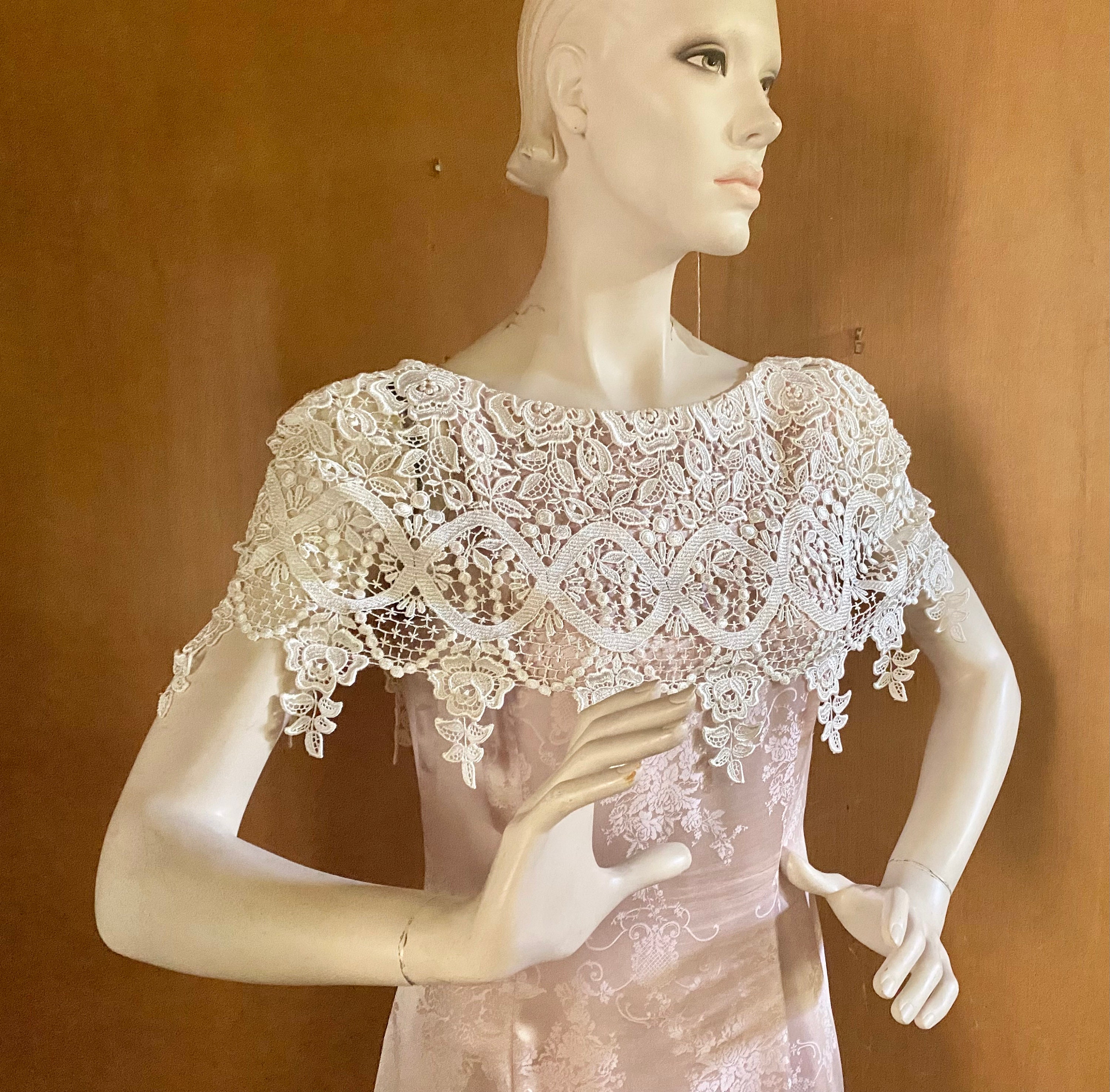 Vintage Jessica Mcclintock Silk Brocade Dress: Blush Lace Collar