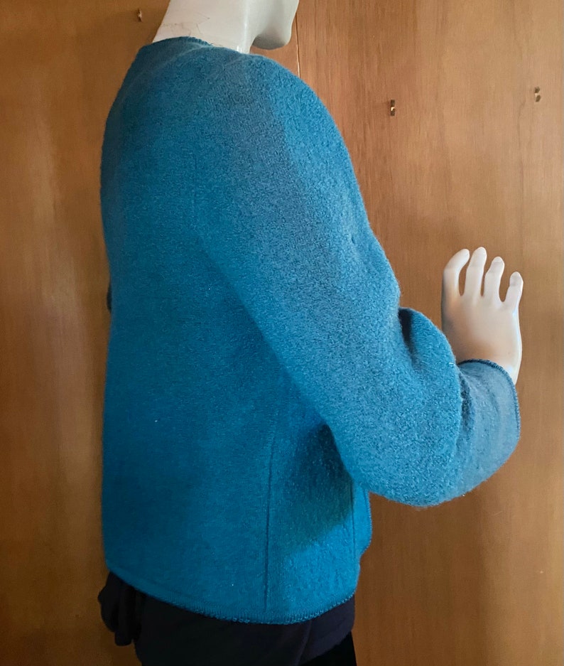 SALE Teal Turquoise Boiled Wool Sweater Jacket Embroidered Flowers