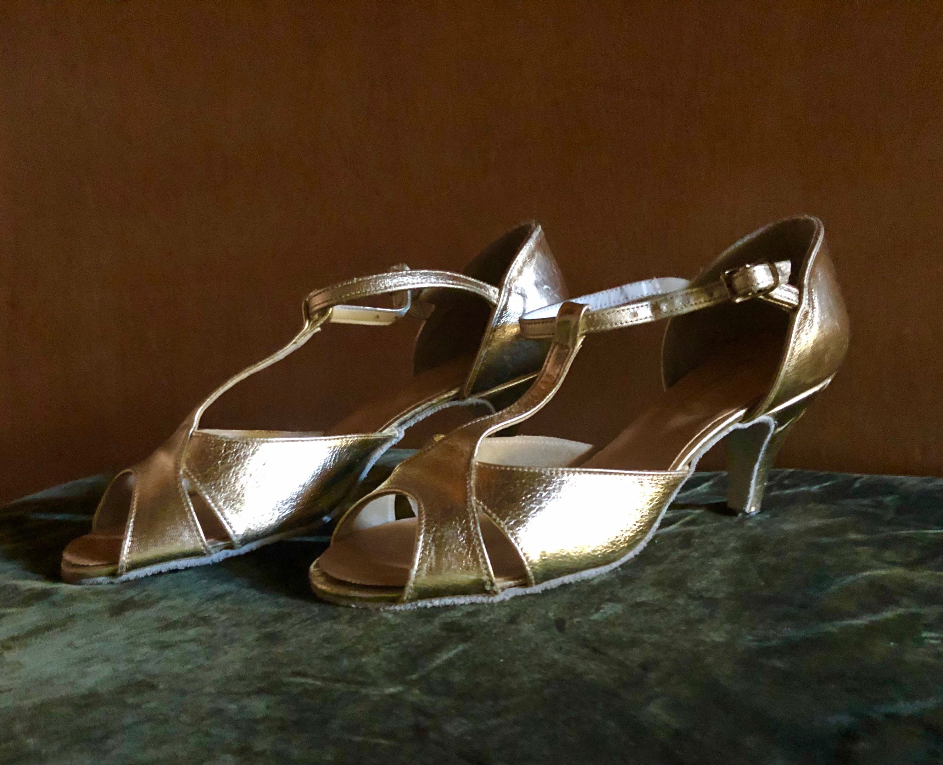 Gold Leather Open Toe Pump Dance Shoes Freed of London Like New