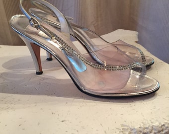 SALE! Silver leather Rhinestone~ Amano 1960’s Slingback Stiletto Sandals Size 7