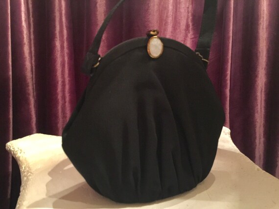 1940s Black Evening Bag Double Top Handles with Brass and Blue Stone Accents Opera Purse