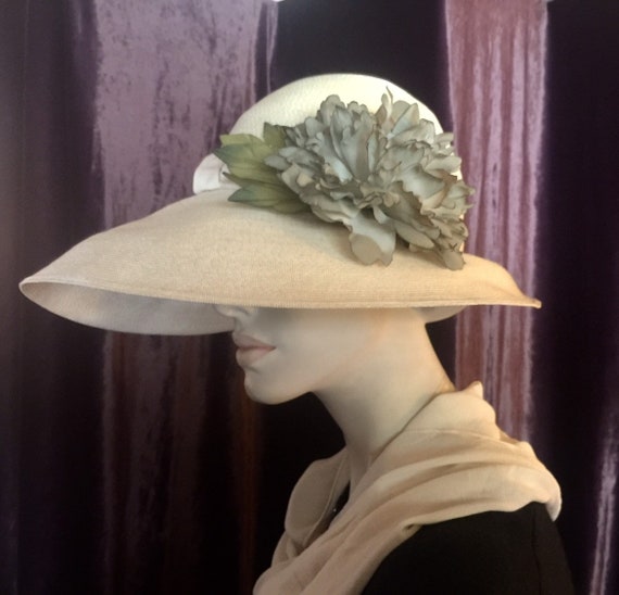 1950s * Mr. John *  Straw Hat Cream with Teal Mis… - image 2