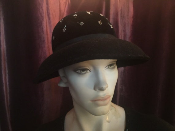 1950s Black Velvet Hat with Mirrored and Silver B… - image 2