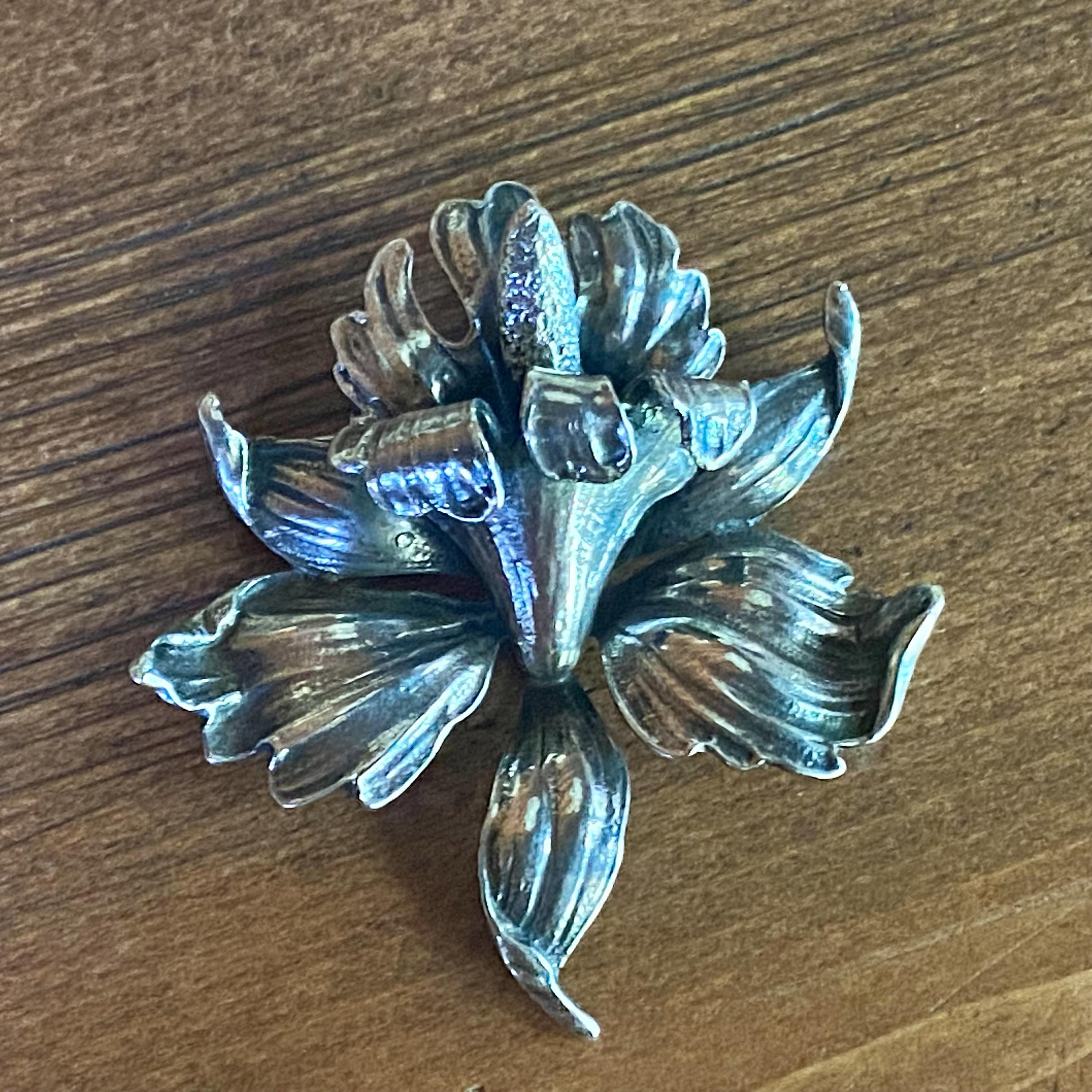Vintage CINI Sterling Silver Iris Brooch - 1940s Floral Statement