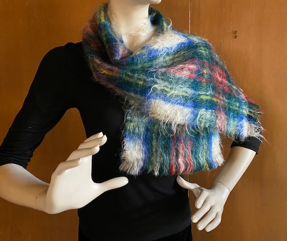 Vintage Mohair Scarf Plaid Wool circa 1950s REDUC… - image 1