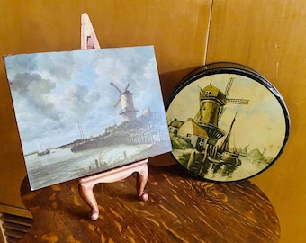 Monterad holländsk målning, antik kexburk, väderkvarnsscener Holland, cirka 1930-talet