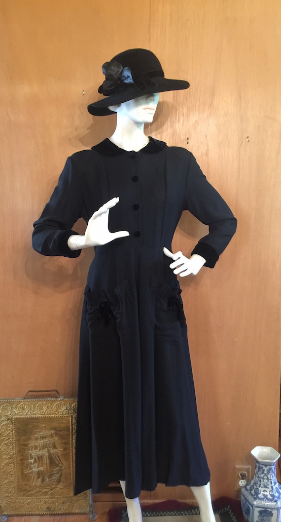 Vintage inspired Black Crepe Dress with Velvet Tri