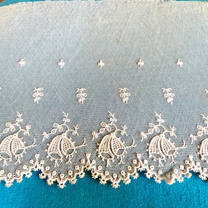 Antique Lace Wide Hand Embroidered on Netting with Scalloped Edge 90" X 8"  circa 1920s