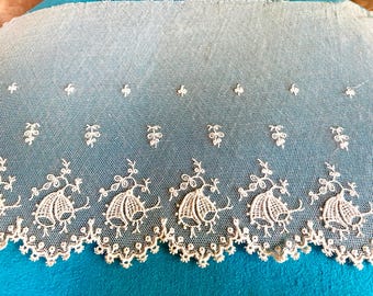 Antique Chantilly Lace Trim: Hand Embroidered Scalloped Edge, 1920s