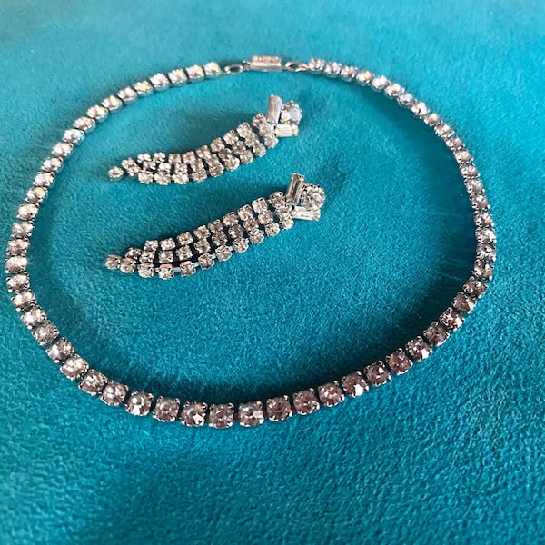 Vintage Rhinestone Jewelry Set includes Choker Necklace and Post Earrings circa 1950s