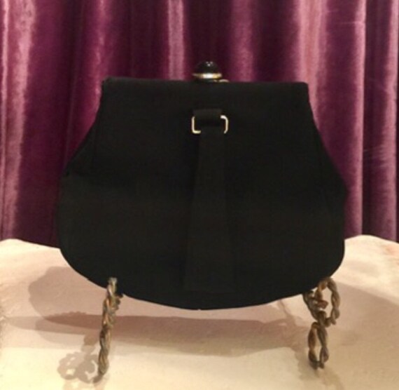 1940s Black Evening Bag Double Top Handles with Brass and Blue Stone Accents Opera Purse