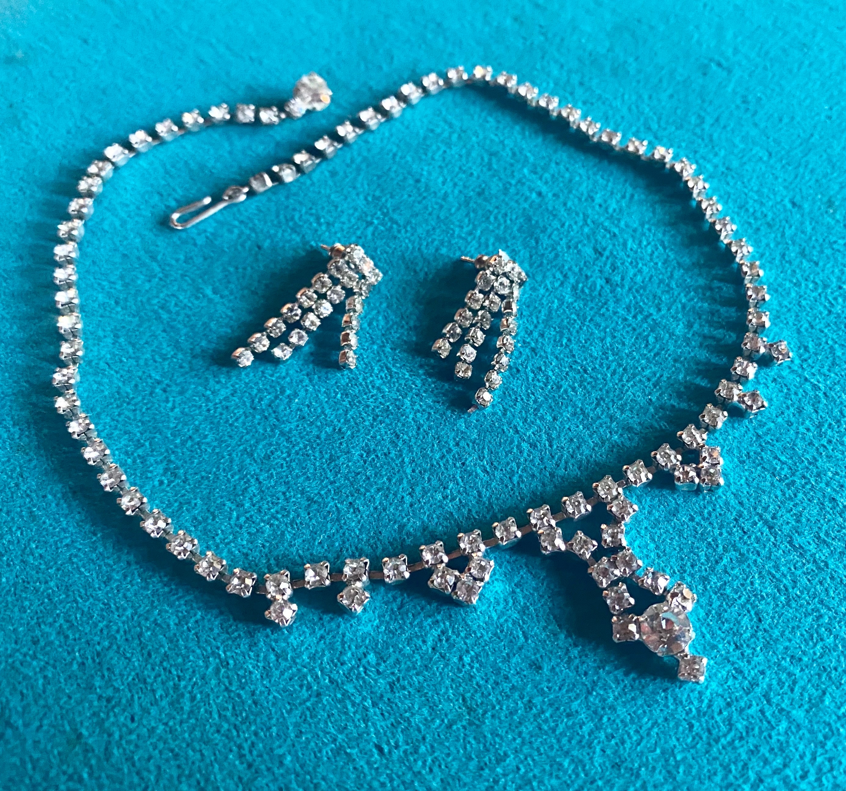 Vintage Rhinestone Jewelry Set includes Necklace and Drop (post) Earrings circa 1950s