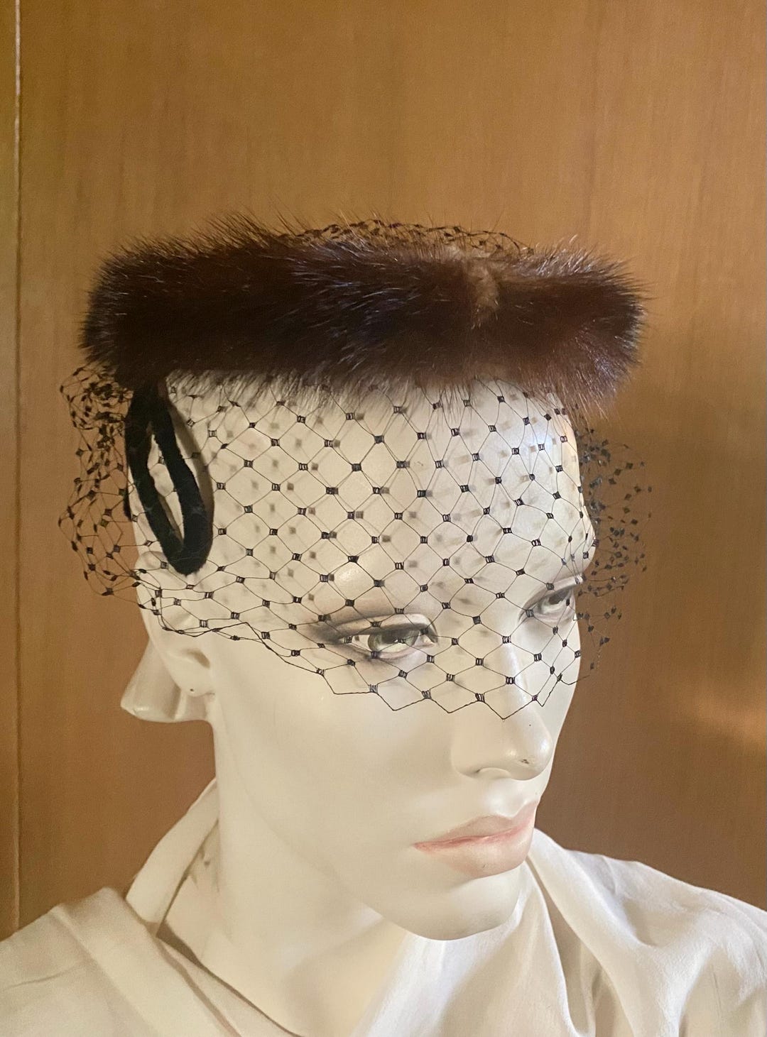 Mink Veiled Halo Fascinator Black Velvet Bow and Velvet  display picture 1