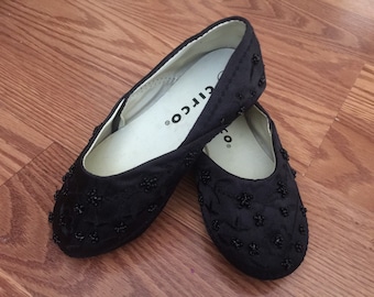 Black Satin Slip On Shoes with Beadwork and sturdy Rubber Soles - Little Girl- CIRCO - Size 7
