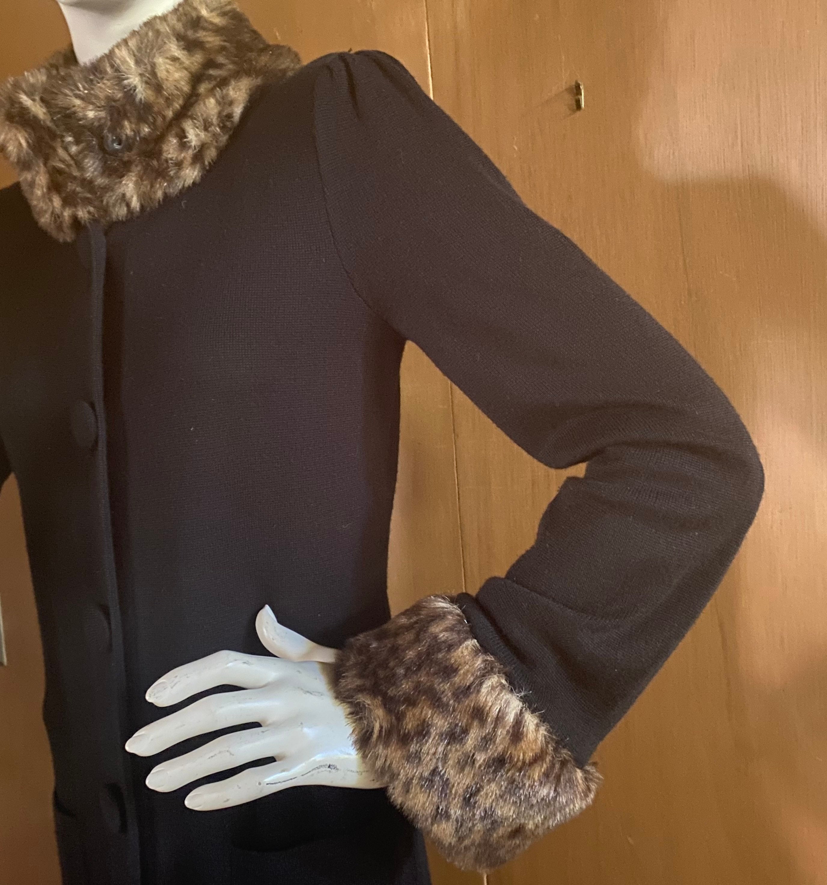 Wool Blend and Faux Fur Leopard Collar Cuffs Mid Length Sweater